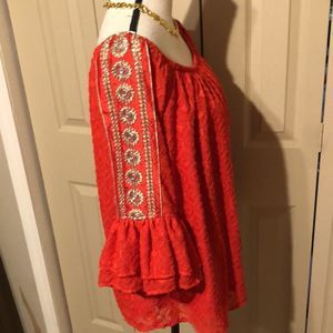 Va-Va by Joy Hon red and gold off the shoulder blouse size medium comfy washable